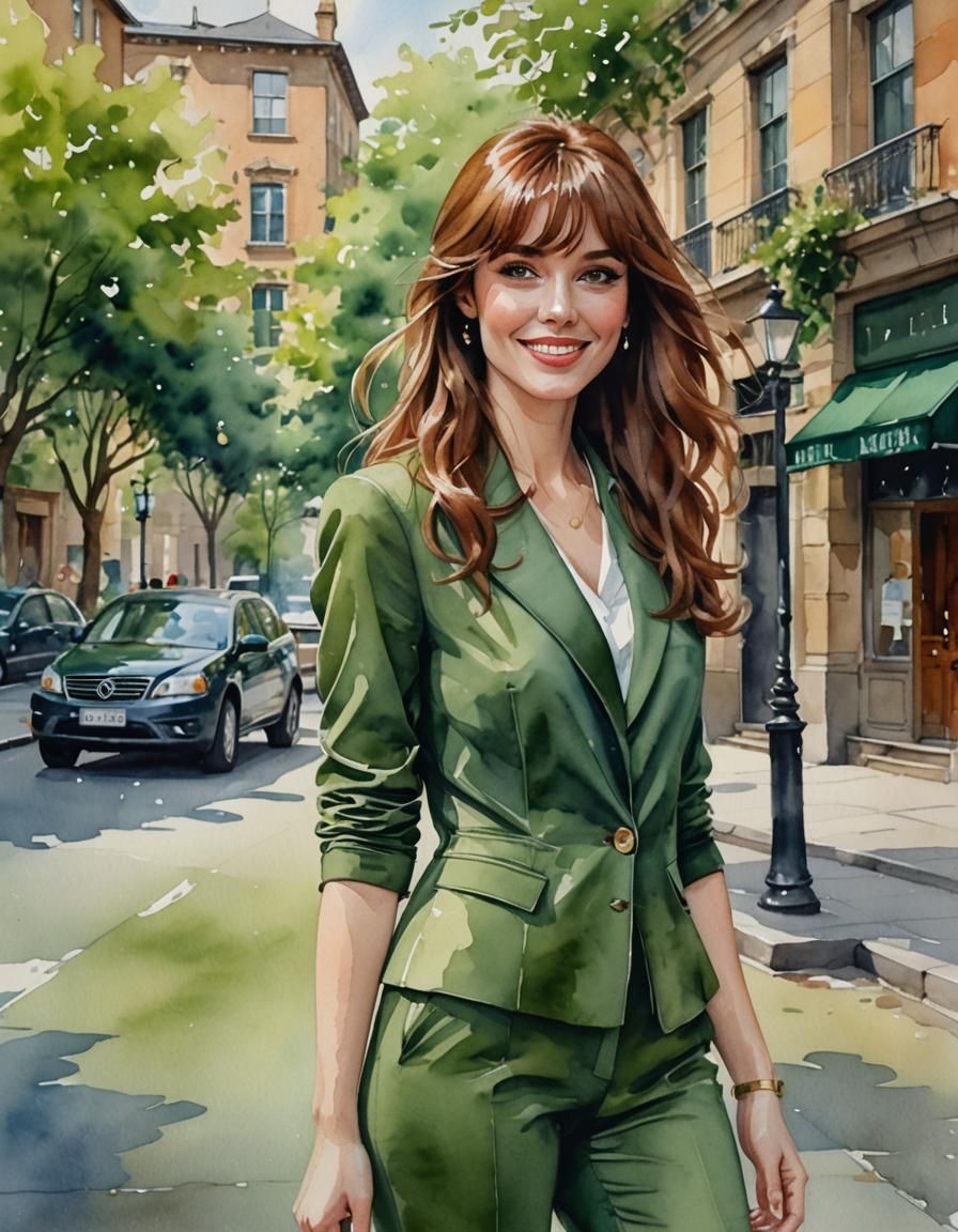 Watercolor Portrait of a Woman in Green Suit