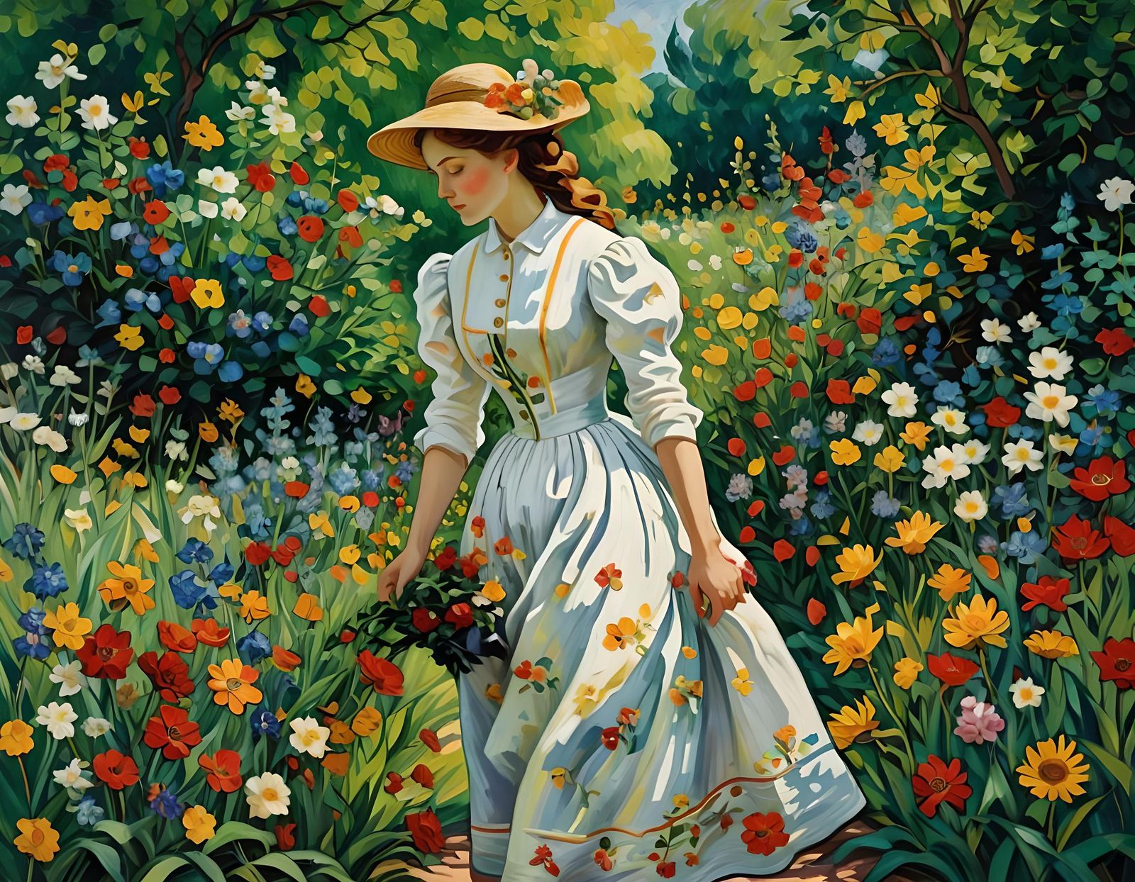Woman in Blooming Garden, Impressionistic Style