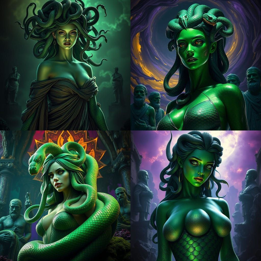 Ethereal Green Goddess with Iridescent Scales and Snake Hair...