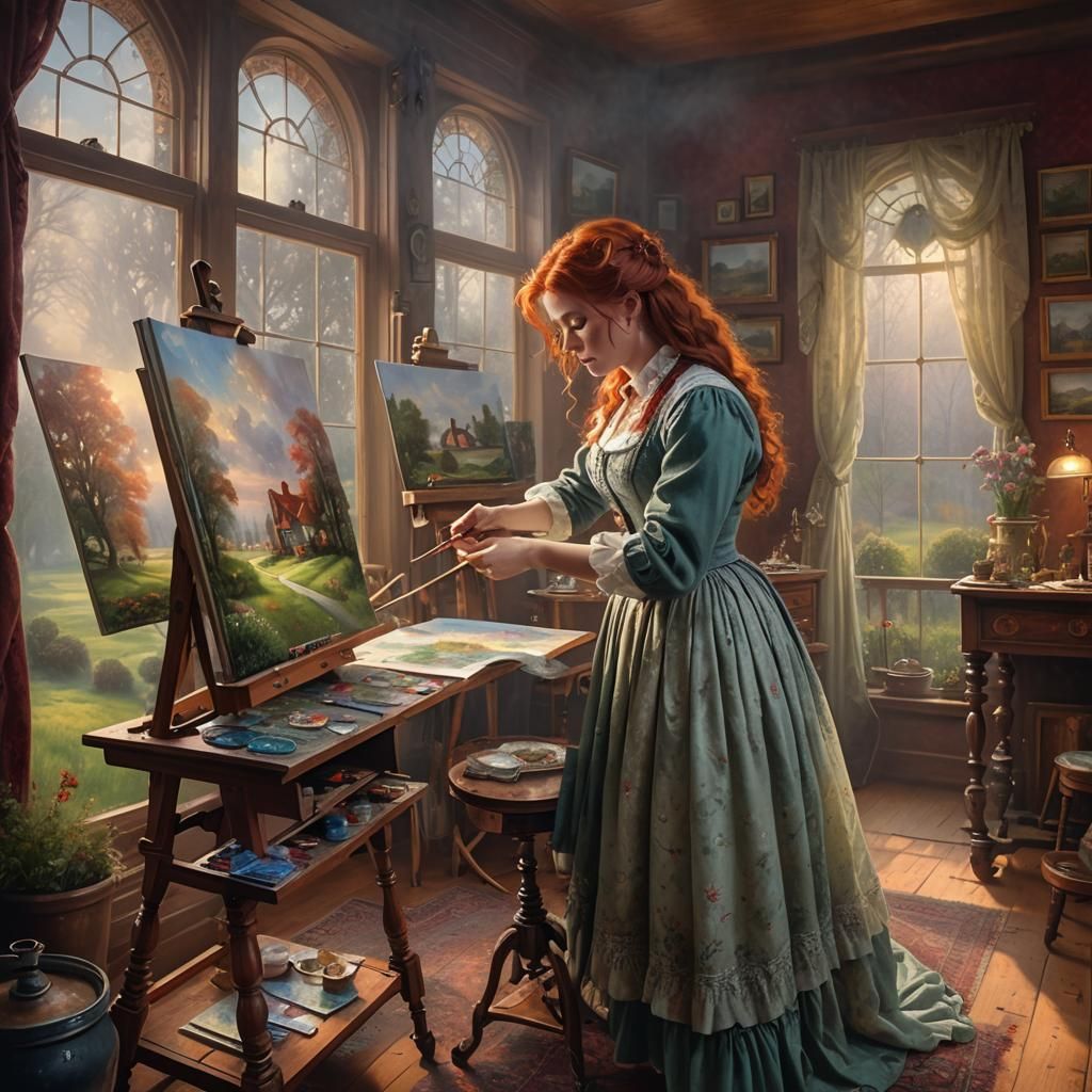 Red-Haired Woman Painting Dutch Landscape, Ethereal Style