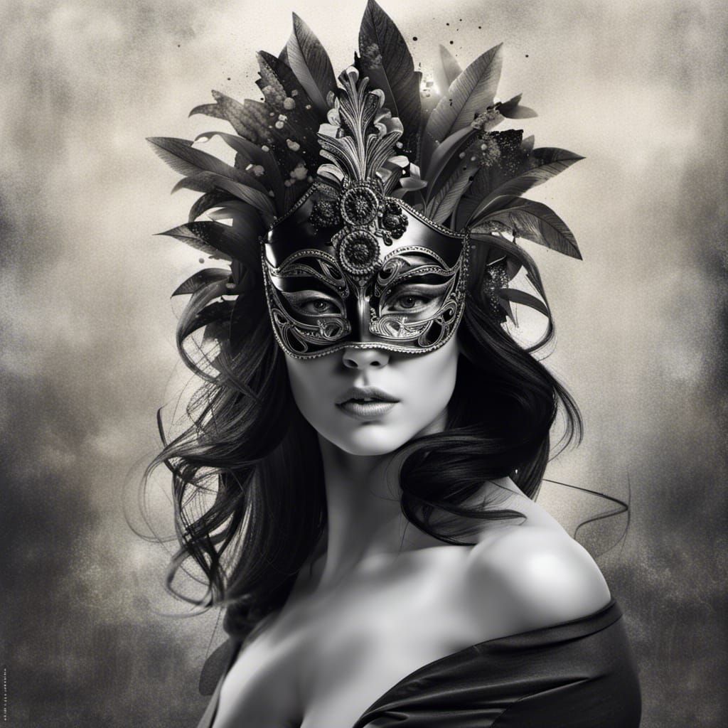 Masked Woman Portrait in Black and White