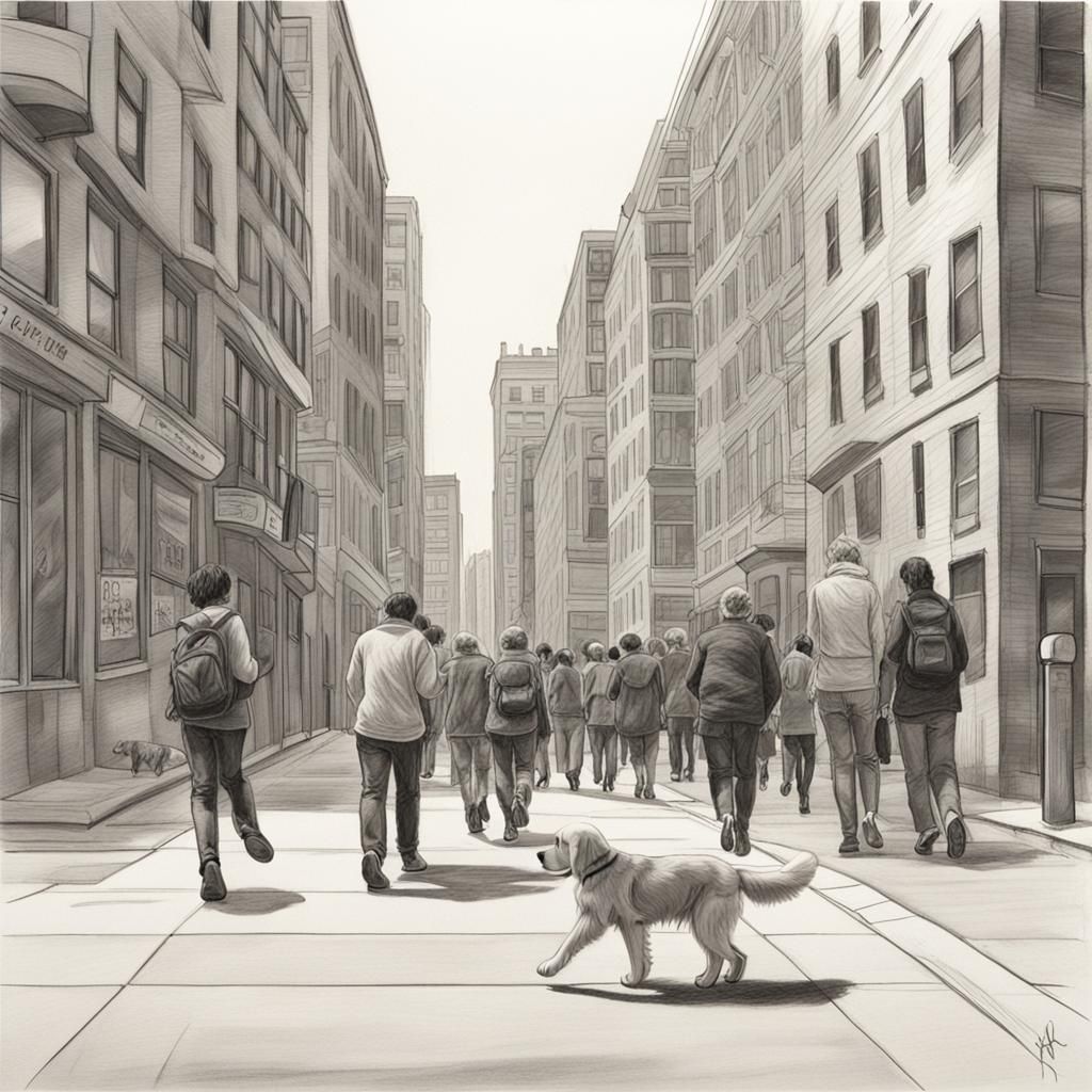 Golden Retriever Puppy in Pencil Drawing Cityscape