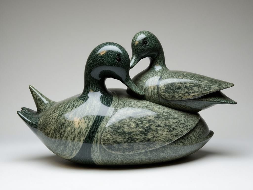 Intricately Carved Soapstone Mallards in Earthy Color Palett...
