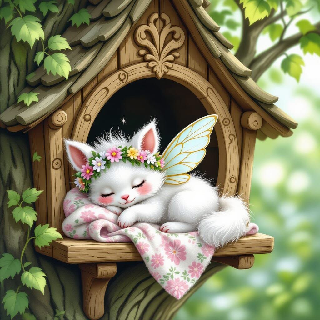 Magical Pet Napping in Treehouse, Fantasy Art