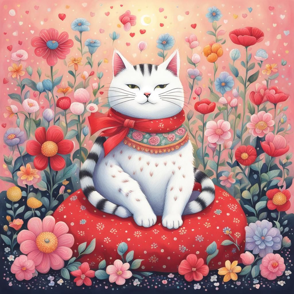 Cute Cat Surrounded by Flowers in Pop Art Style