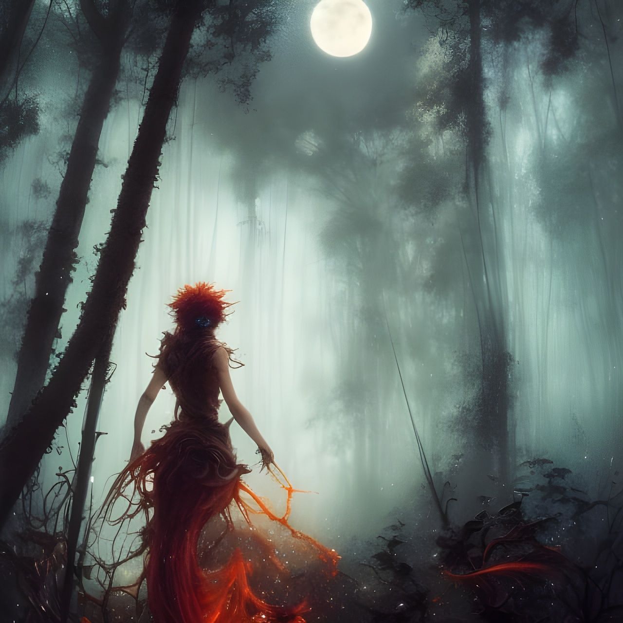 Mystical Forest at Night in Vivid Colours