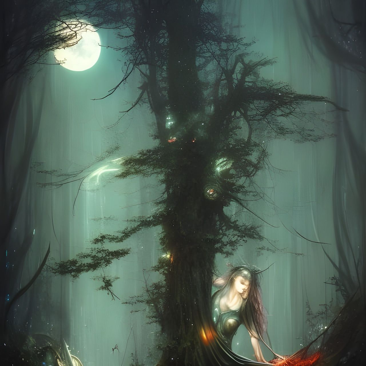Mystical Forest at Night: Eerie Moonlit Scene