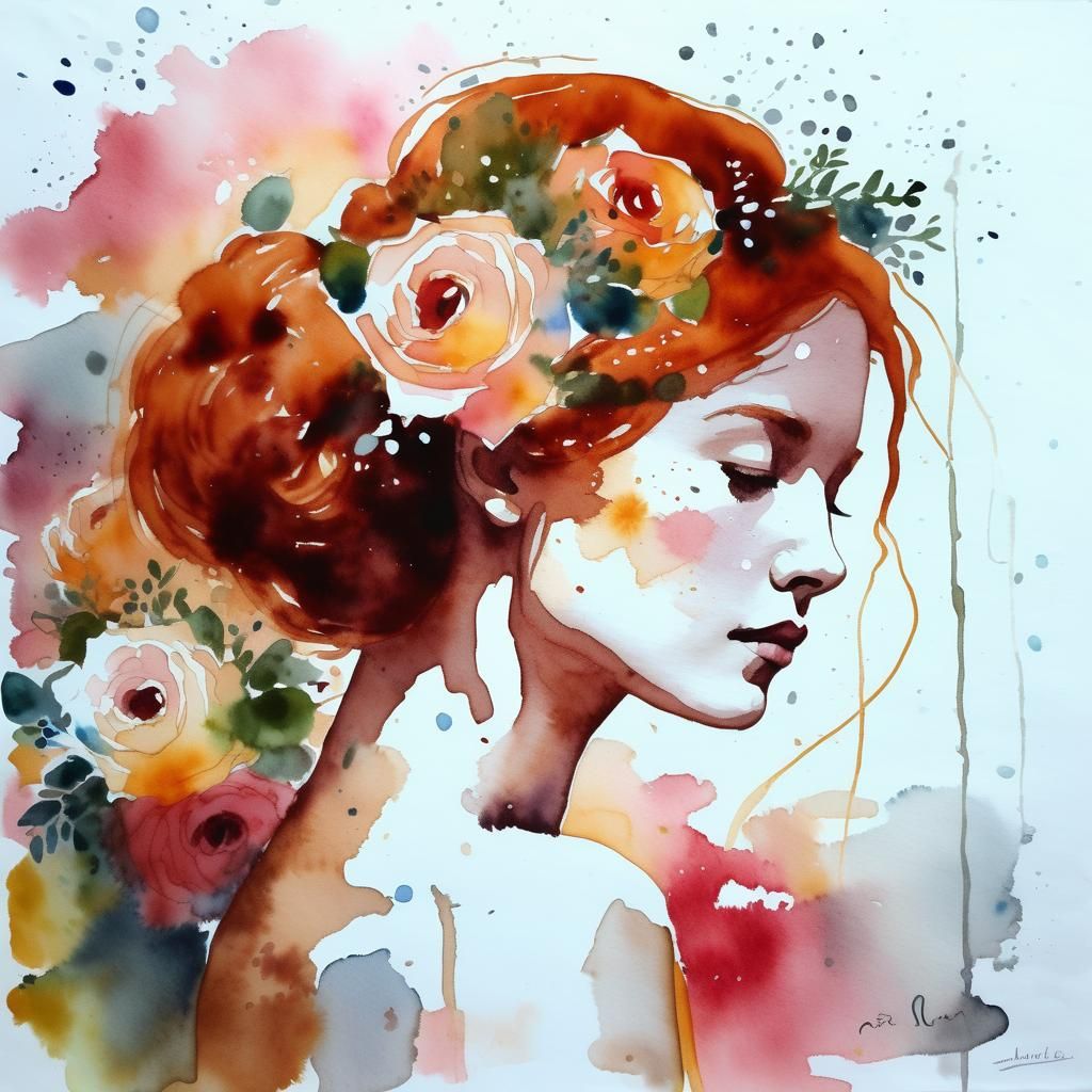 Abstract Watercolor Portrait of Redhead with Roses
