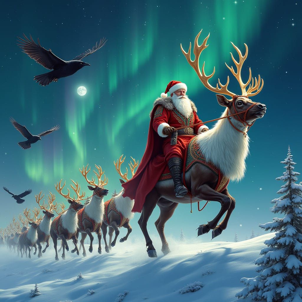 Santa Rides the Flying Reindeer in Winter Wonder