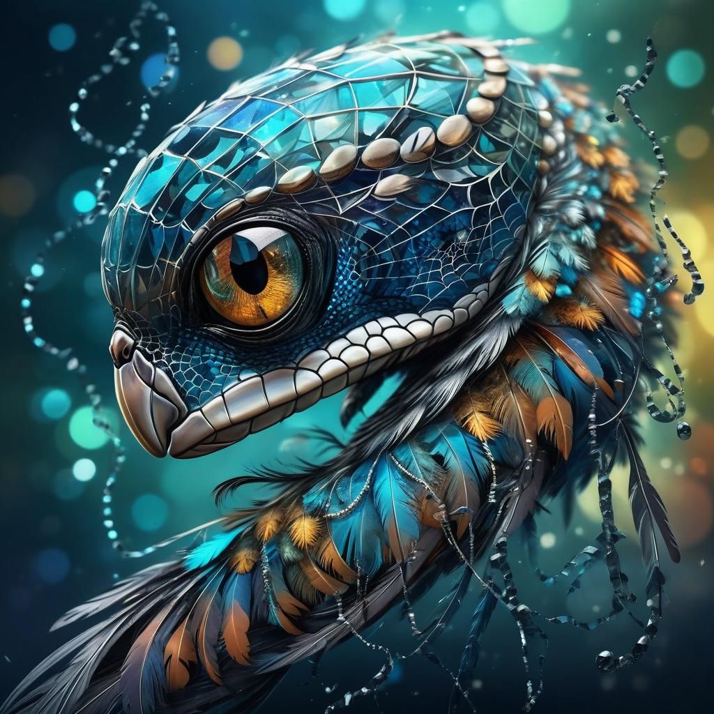 Hyperrealistic Snake Composed of Glass and Feathers