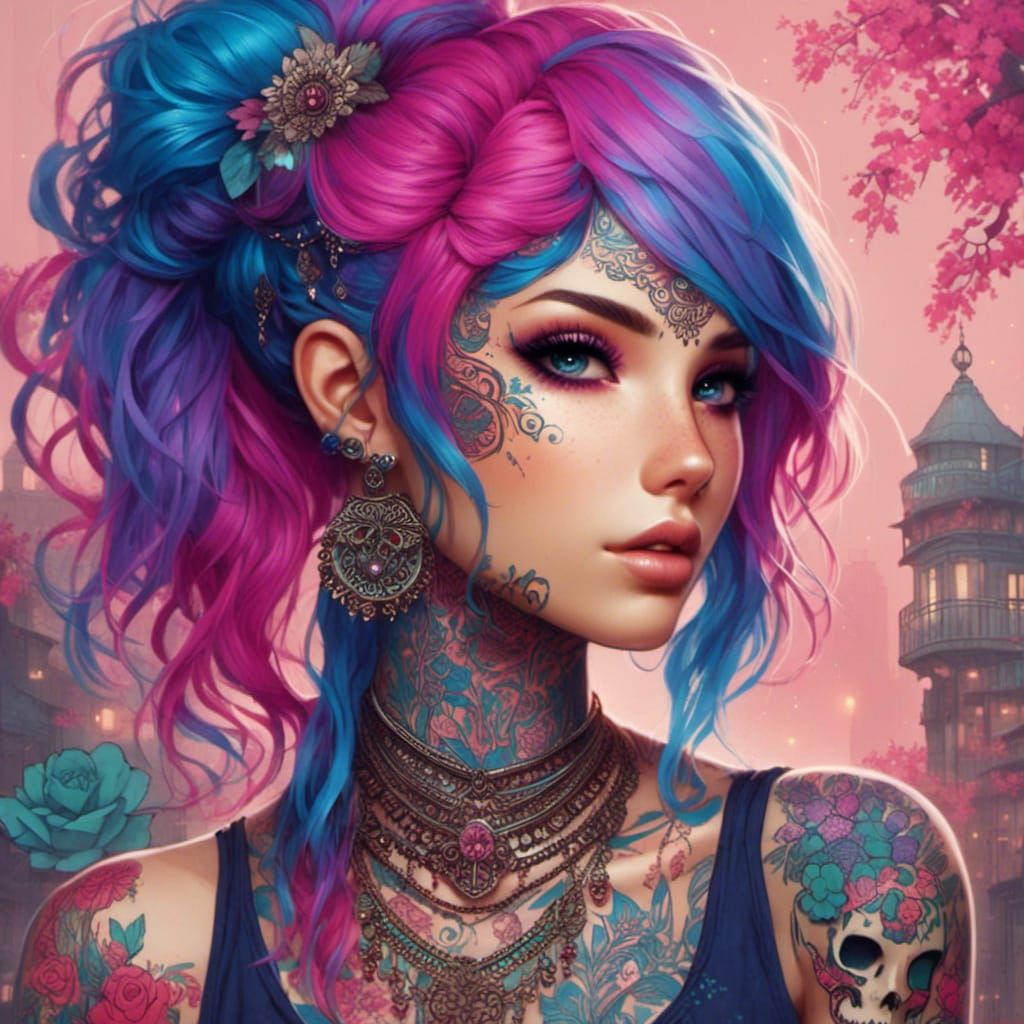 Cyberpunk Woman with Colorful Hair and Henna Tattoos