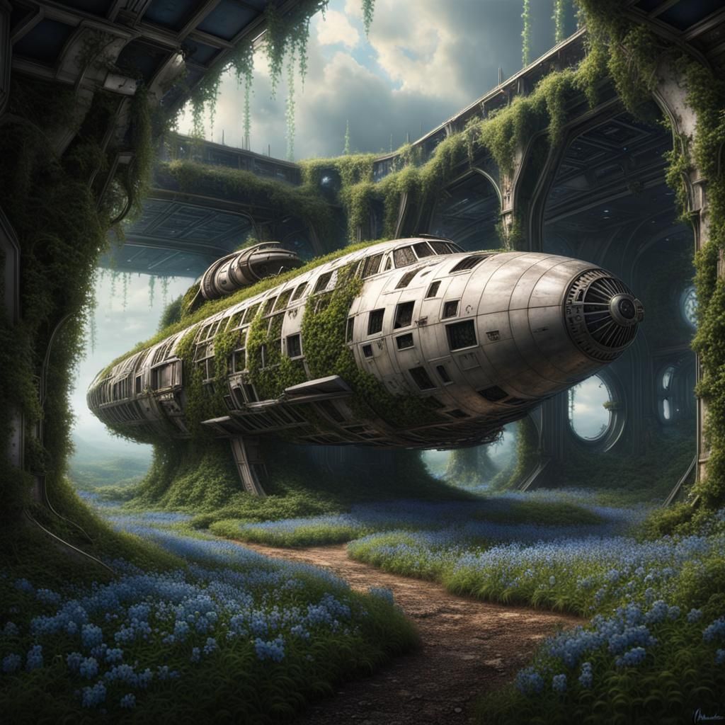 Starship Derelict Overgrown with Forget-Me-Nots: Hyperrealis...