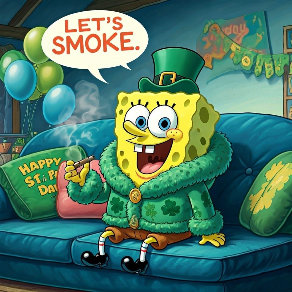 Cartoon Spongebob in a St. Patrick's Day Party Attire Smokes...