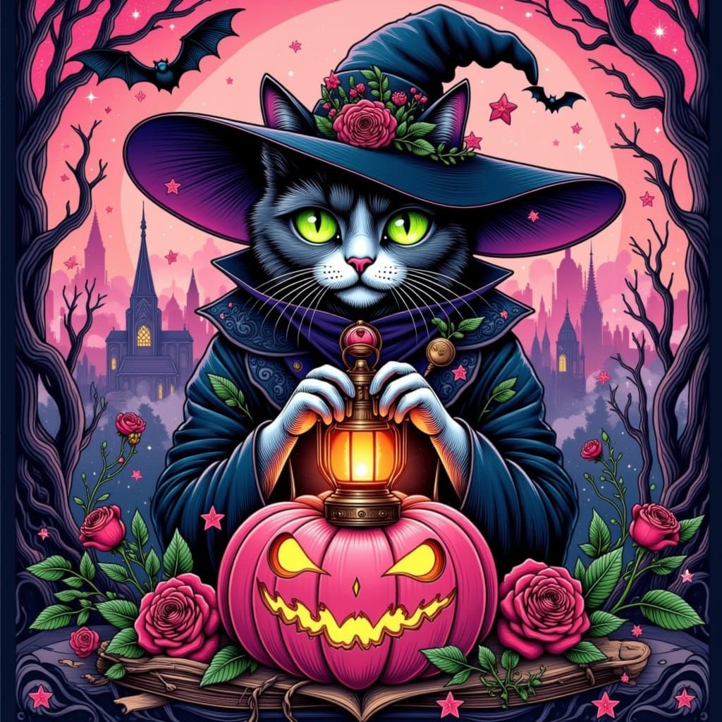 Mystical Cat in Witch Hat: Neo-Traditional Tattoo Style