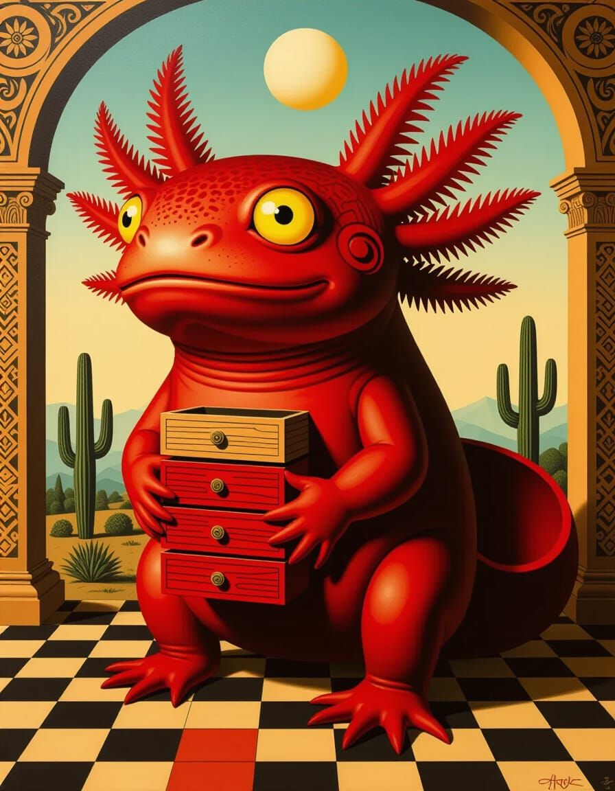 Surreal Axolotl Figurine with Drawers, Art Deco Style