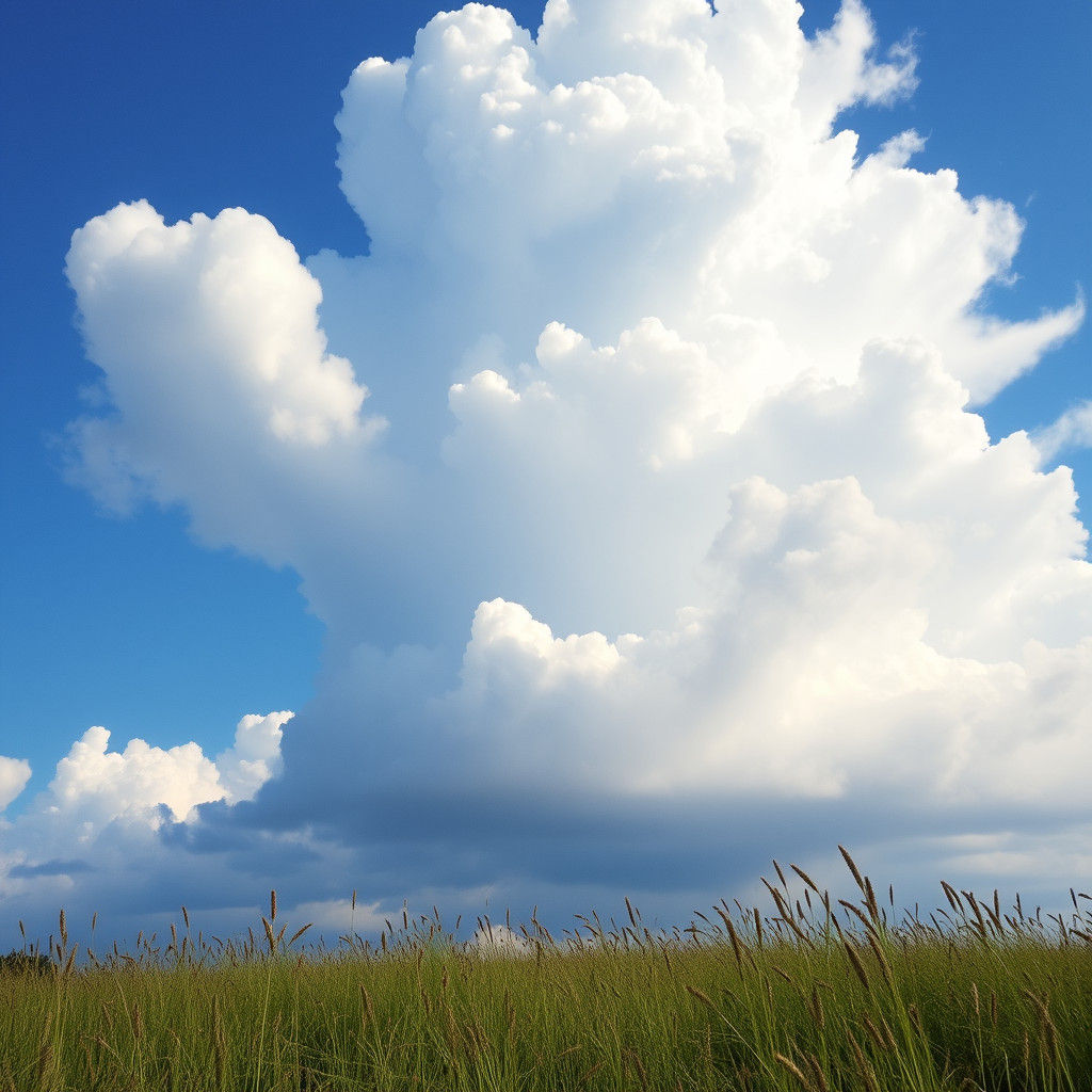 Ethereal Clouds Over Meadow in Blue Sky