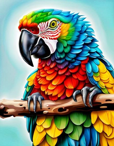 Chrome Feathered Parrot with Circuit Board: Photorealistic