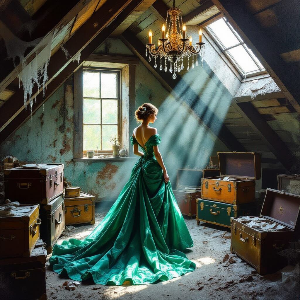 Elegant Woman in Dusty Attic, Acrylic Painting Style