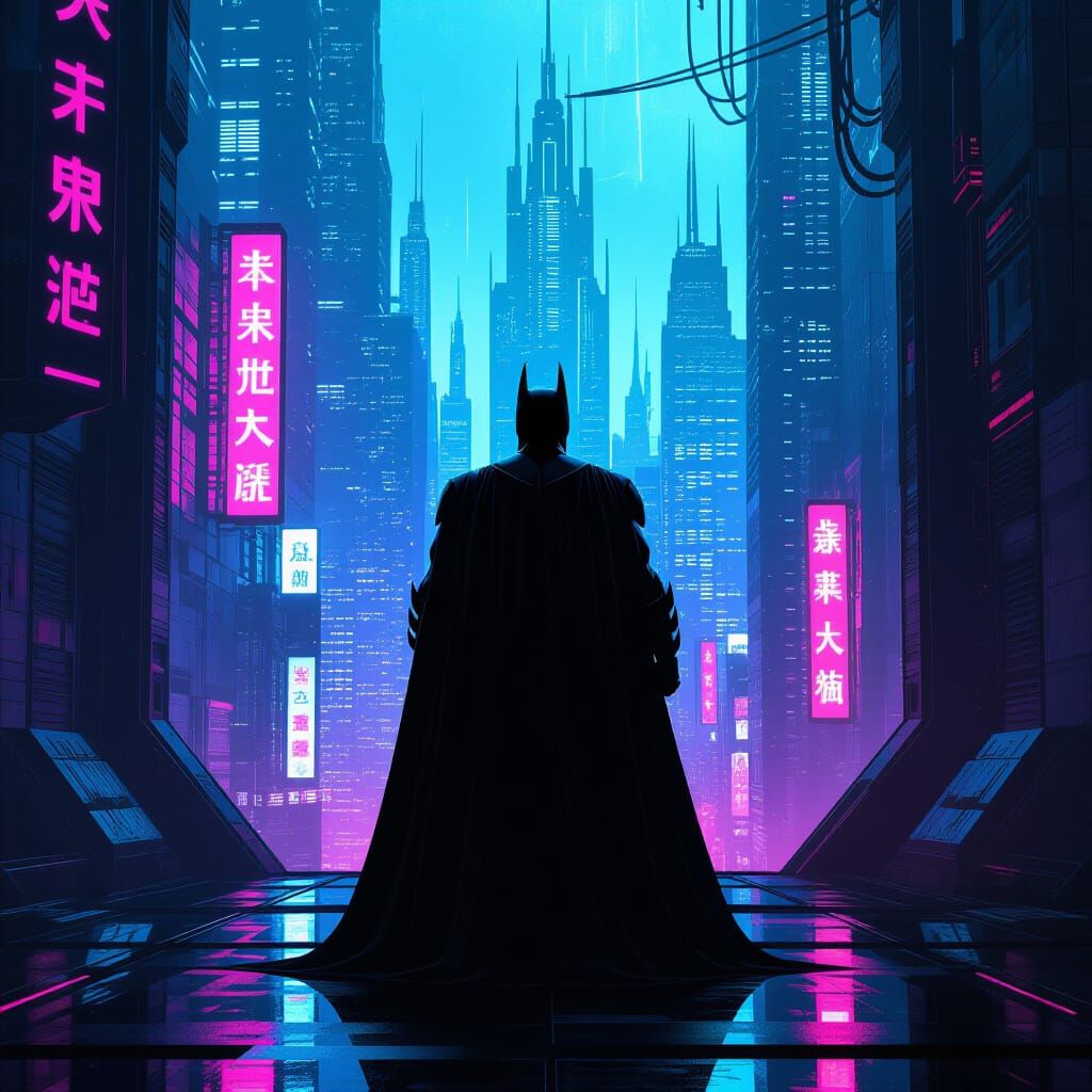 Batman in Cyberpunk Portal: Retro-Futuristic Gothic City