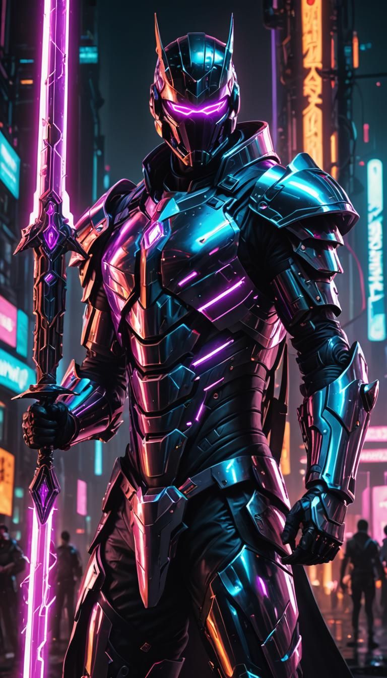 Cyberpunk Paladin with Glowing Sword in Neon Cityscape