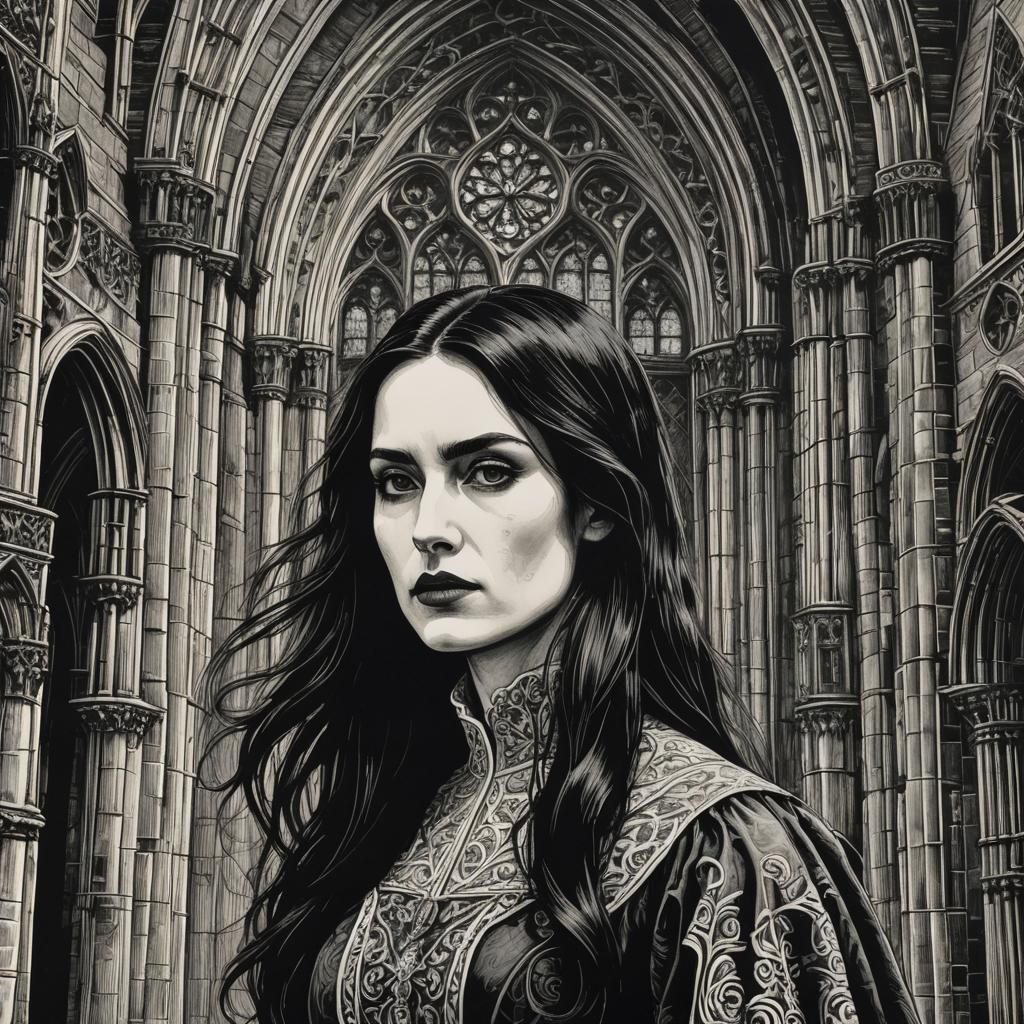 Mina Murray on Cathedral: Woodcut Charcoal Drawing