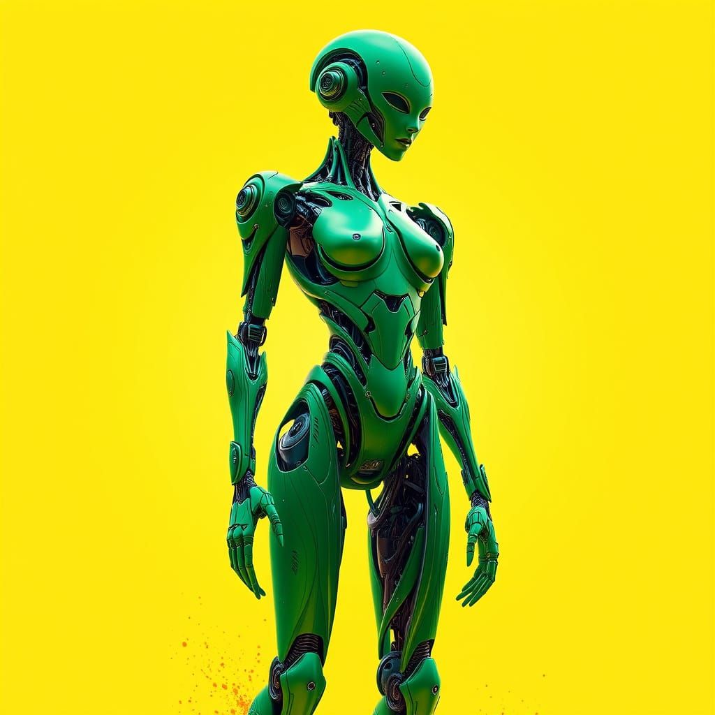 Ethereal Green Robot in Dreamlike Yellow Landscape