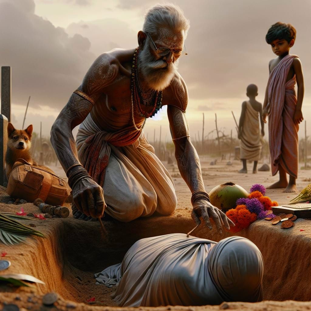 Emotional Indian Gravedigger Scene with Orphan