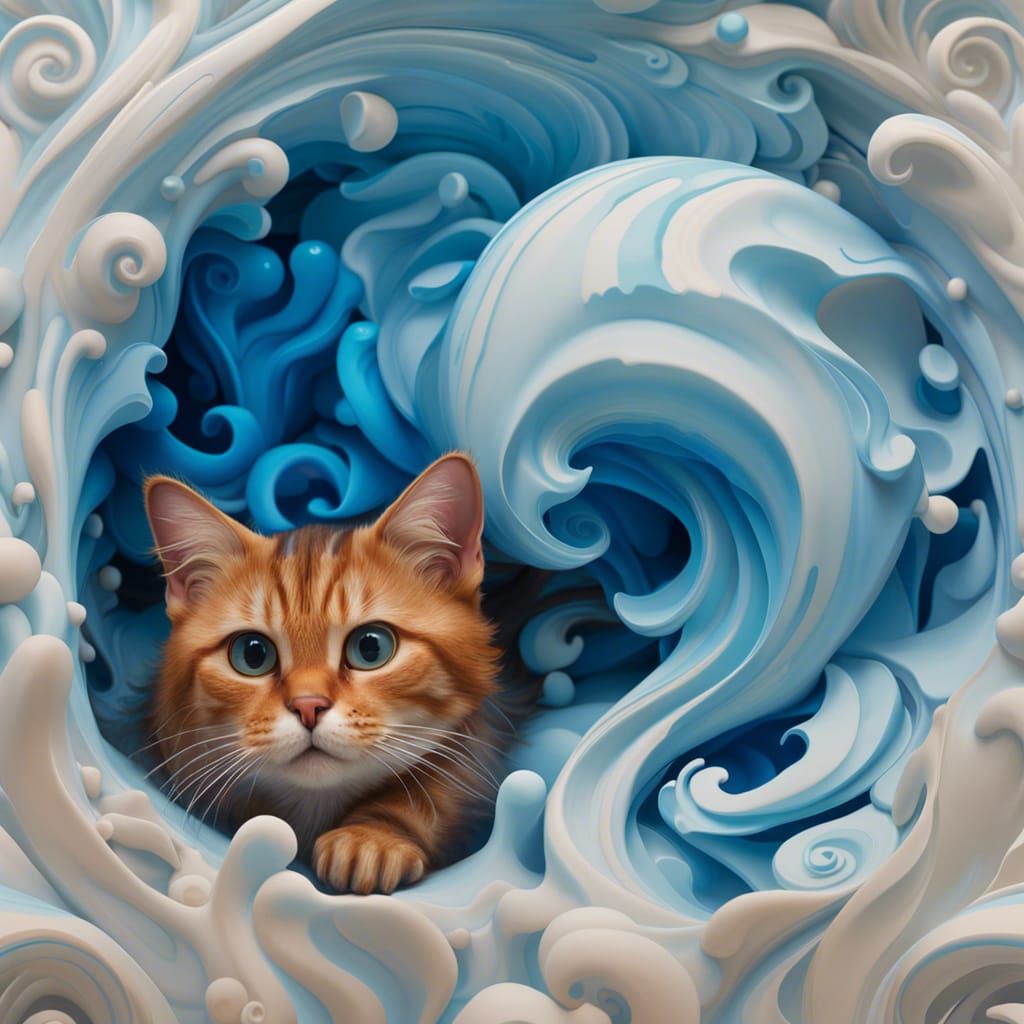 Liquid Cat with Blue Swirls, Digital Art
