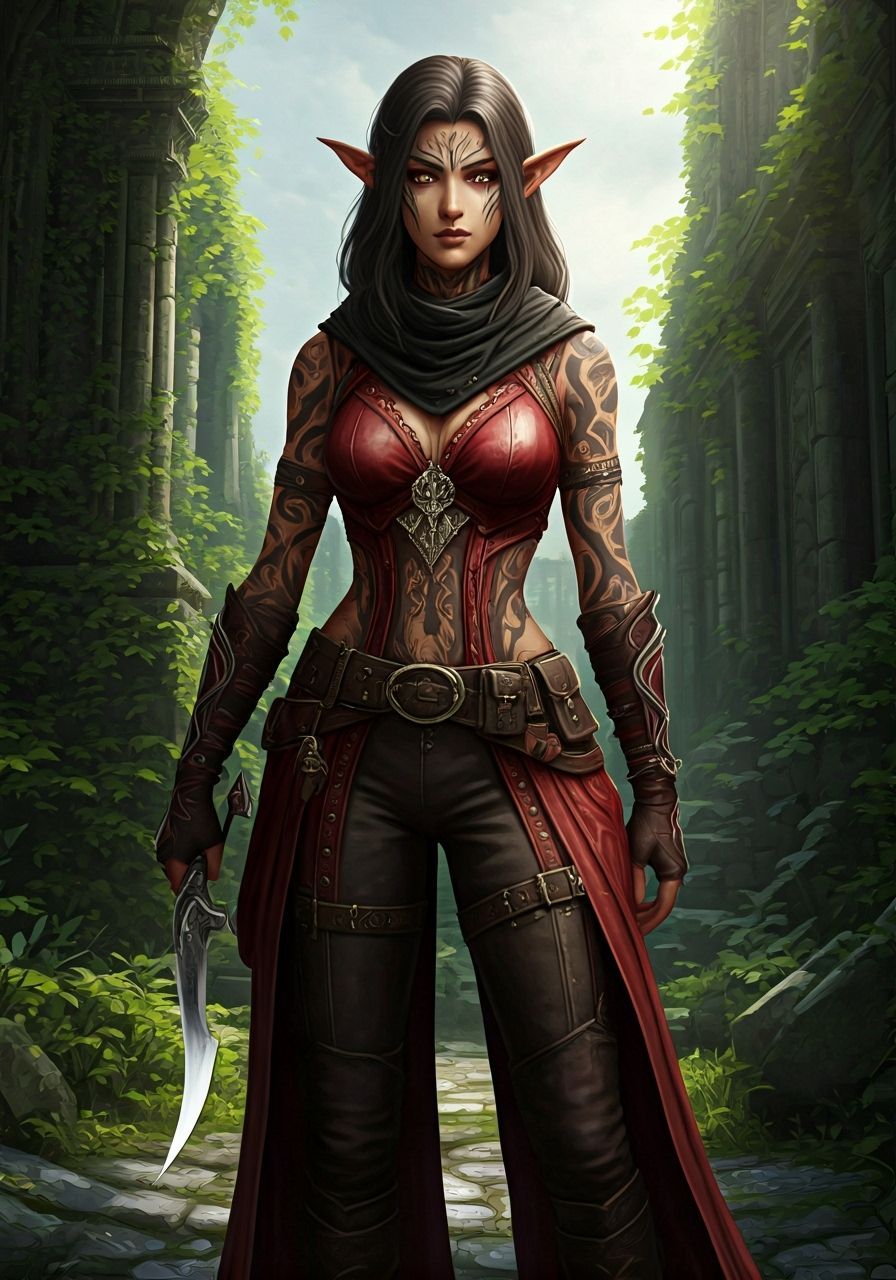 Elven Rogue in Red Leather with Curved Dagger