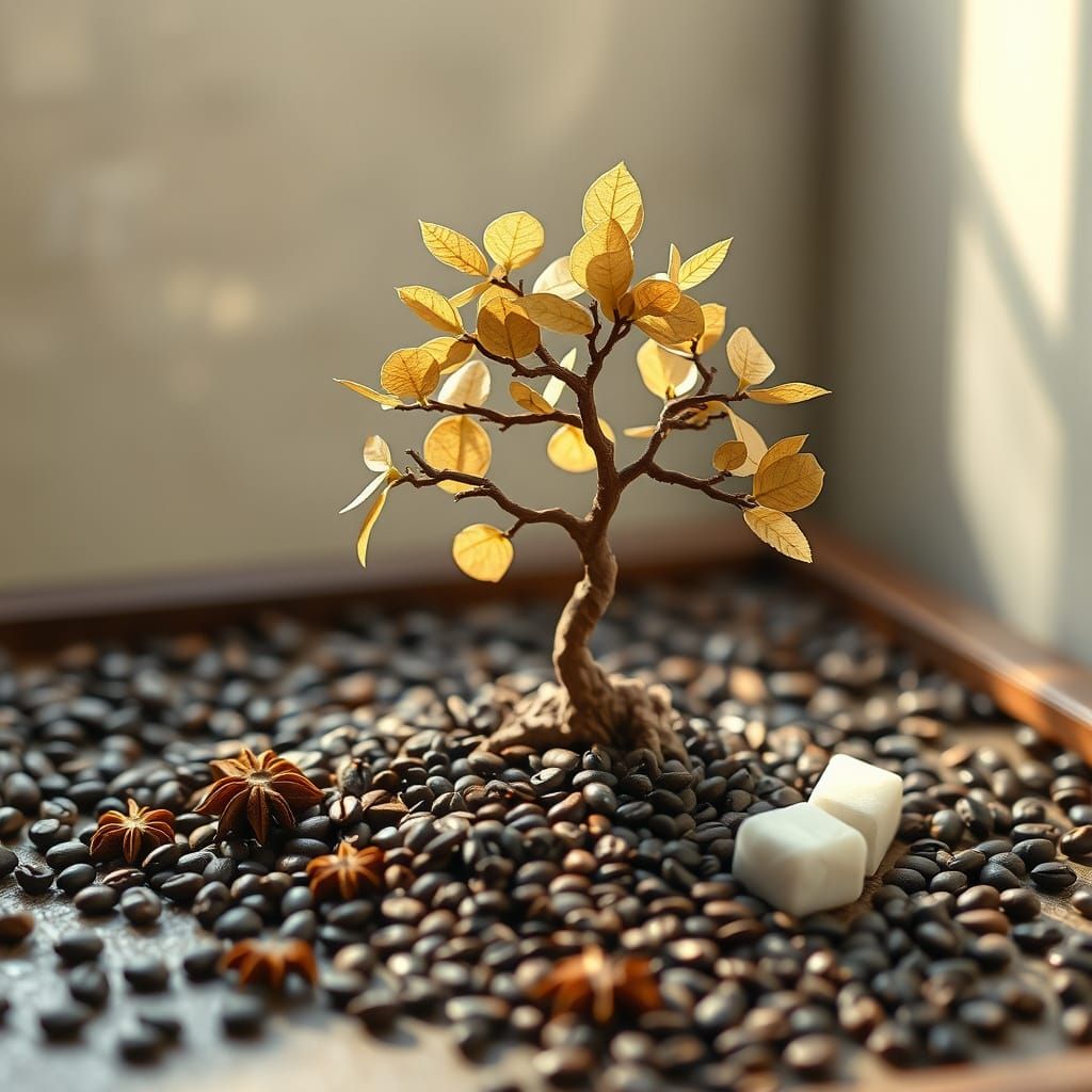 Zen Garden of Coffee Beans & Bonsai in Soft Morning Light