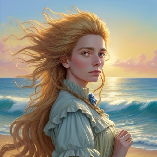 Hermione on a Beach: Victorian Fantasy Oil Painting