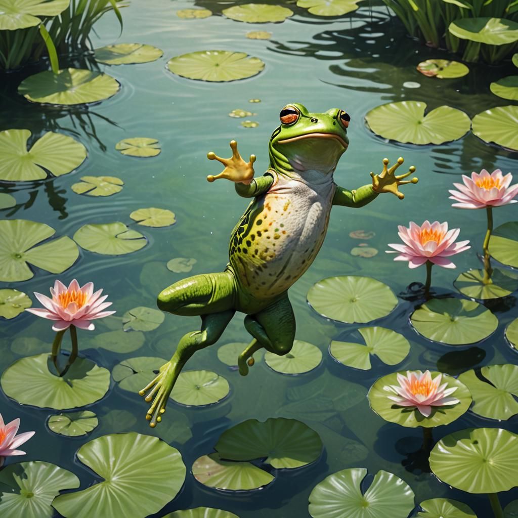 Comical Frog Leaping Near Lake: Vibrant 3D Digital Art