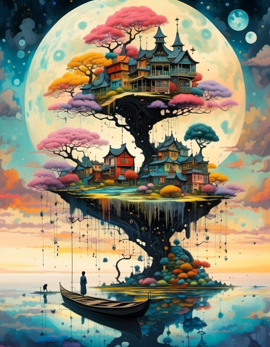 Ethereal Bonsai Village Floating on Misty Lake as Watercolor