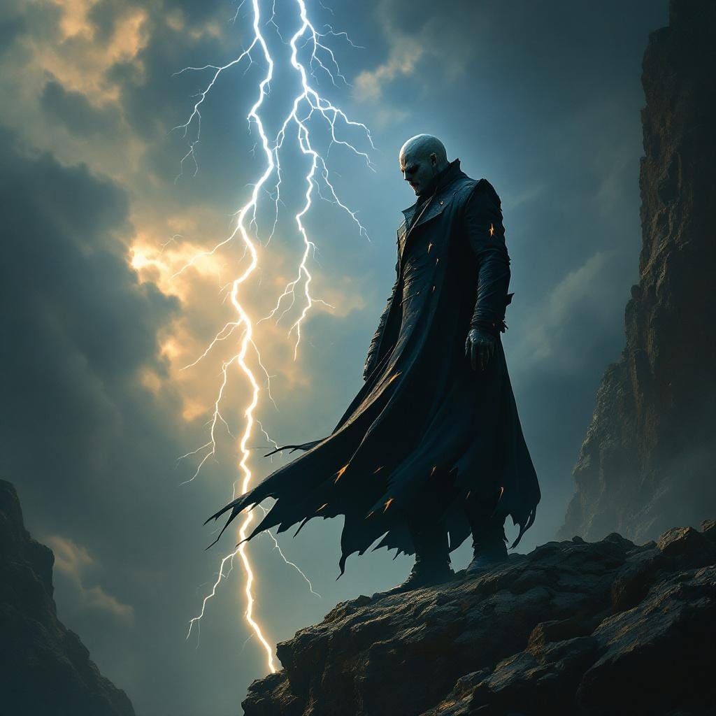 Weather Villain on Rocky Cliff in Dramatic Lighting
