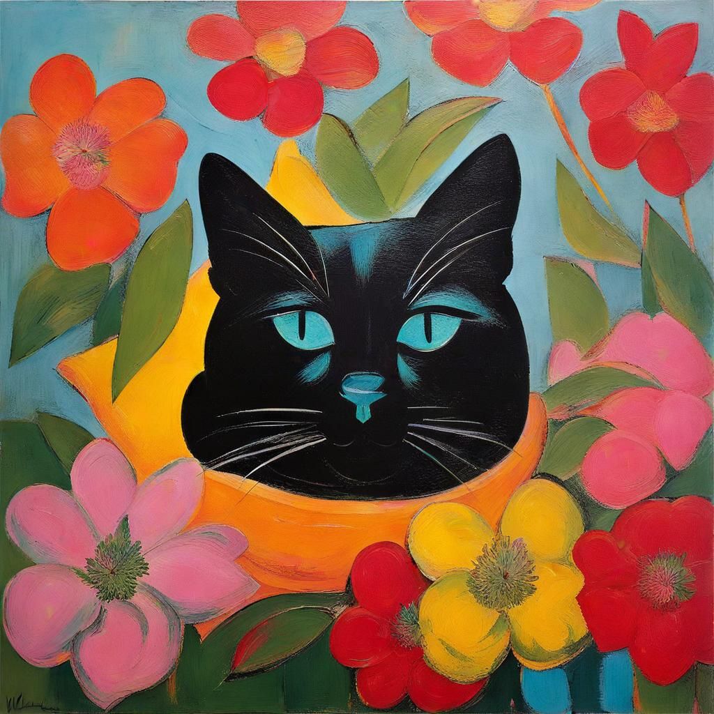 Cat with Flowers in Abstract Expressionist Style