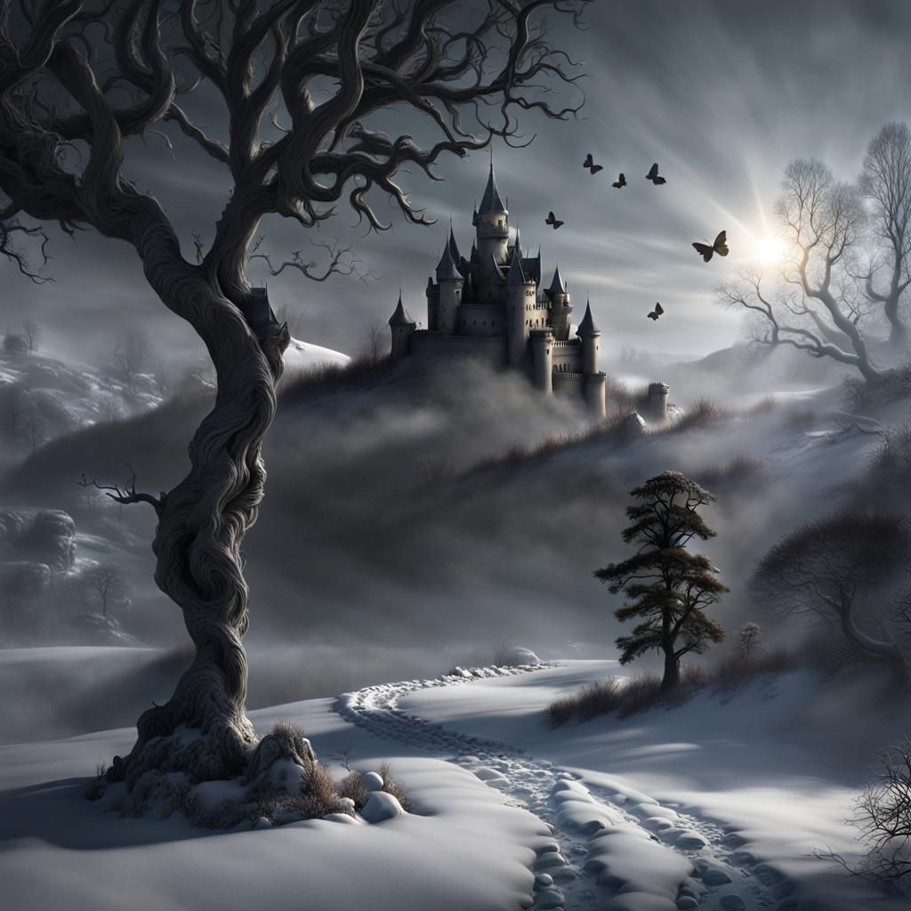 Eerie Winter Castle Landscape with Sun and River