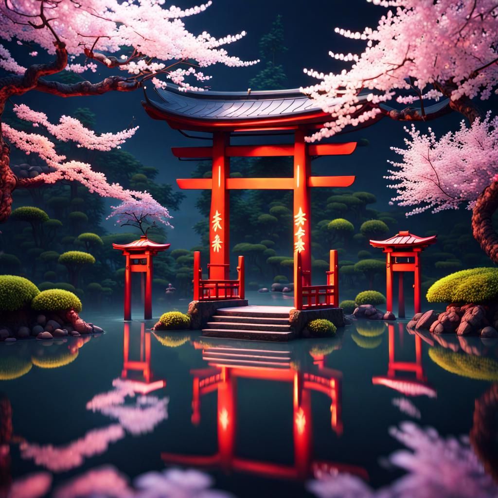 Mythical Japanese Garden with Cherry Blossoms