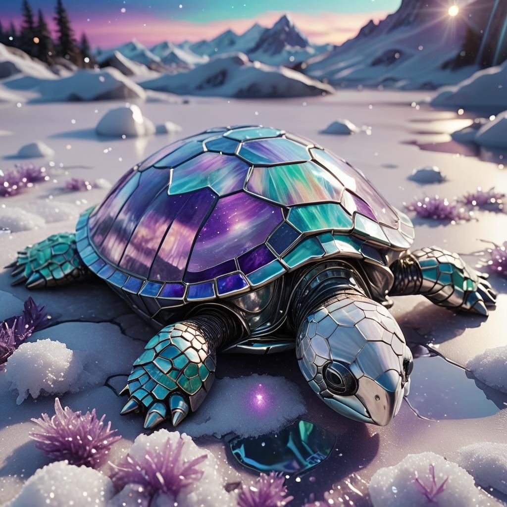 Futuristic Stained Glass Turtle in Sparkling Snow