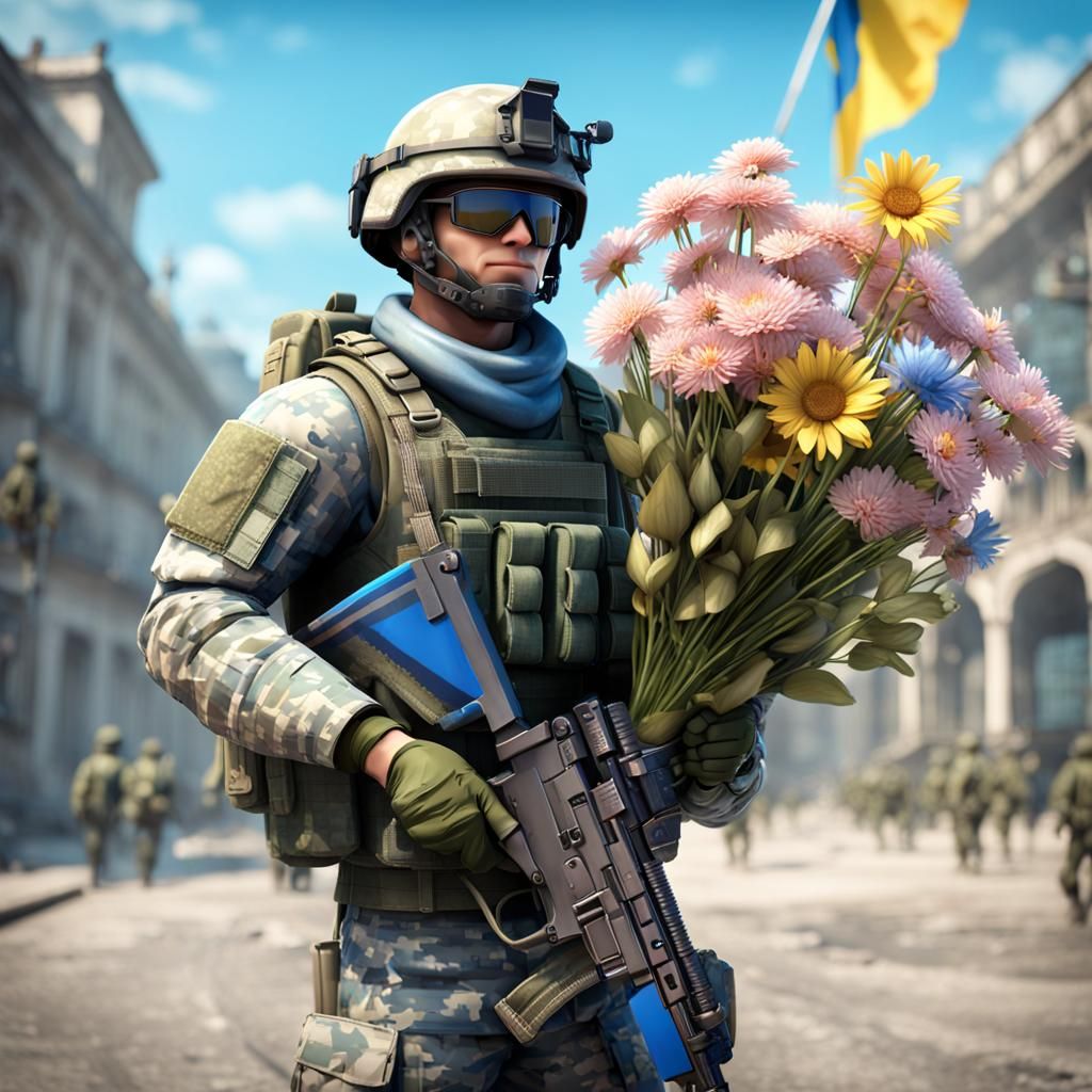 Chibi Soldier with Flowers and Ukrainian Flag in 3D