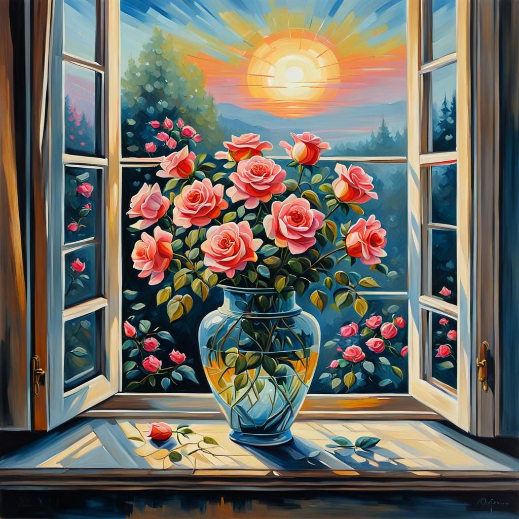 Roses at Dawn: A Colorful Oil Painting