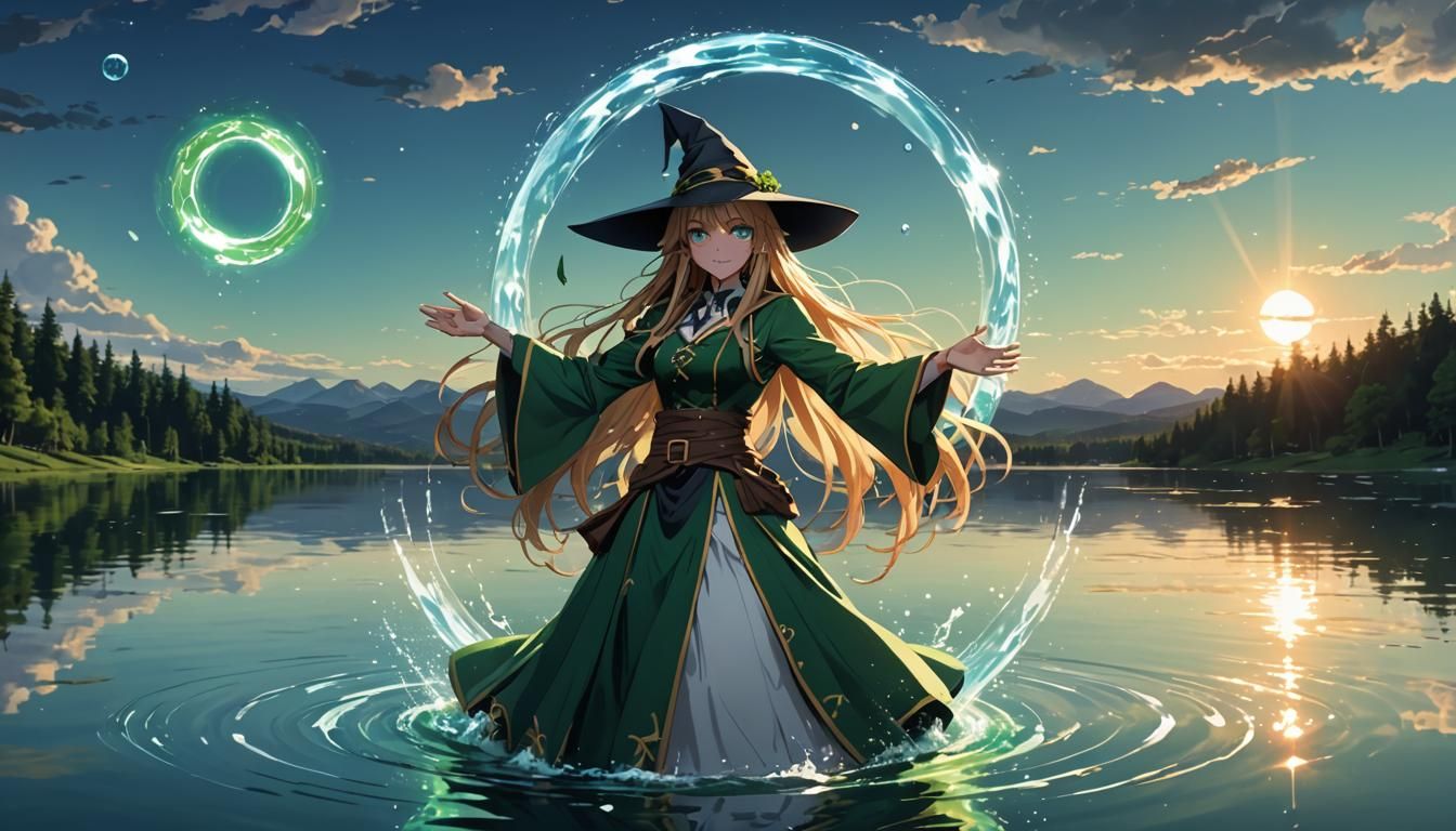Magical Witch Levitating Water Circle: Anime Style