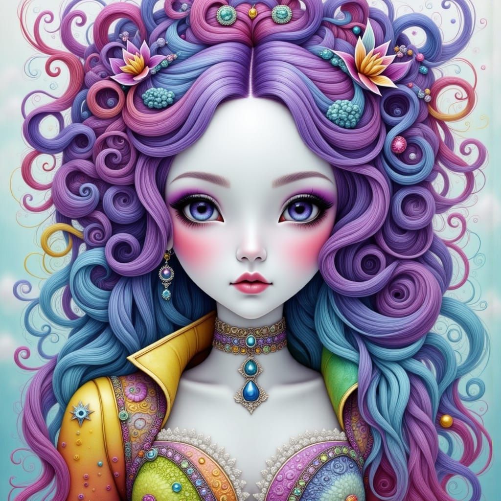 Glamorous Foxy Woman with Rainbow Hair and Gemstones