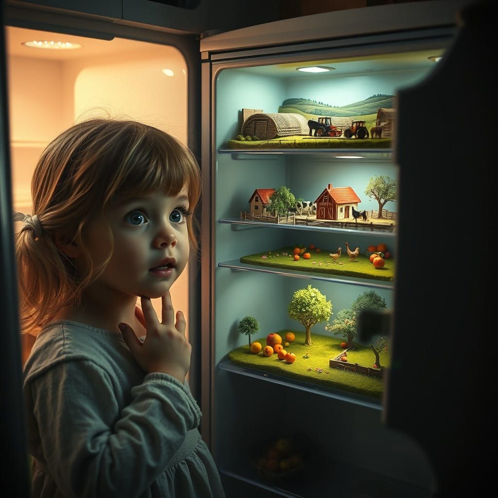 Little Girl Discovers Tiny Realistic Farms in Refrigerator