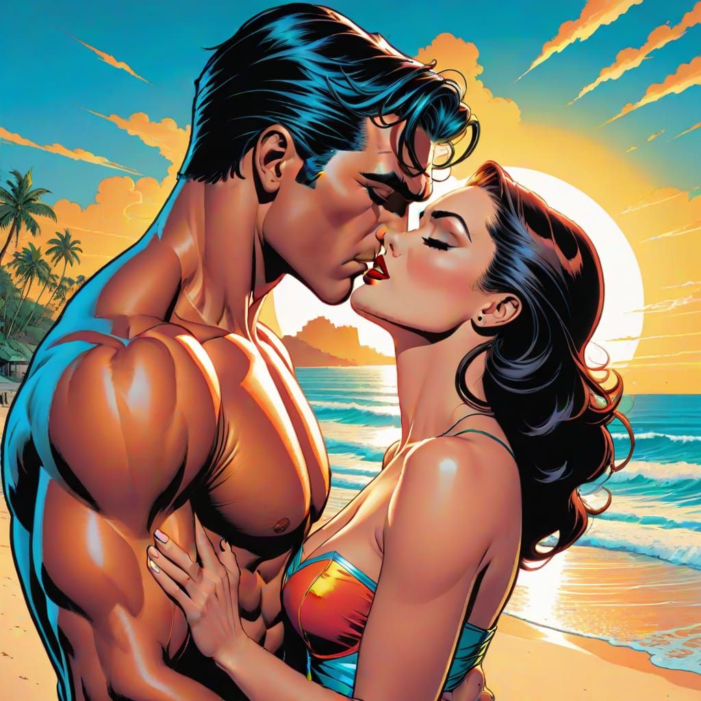 Passionate Beach Kiss in Comic Book Style