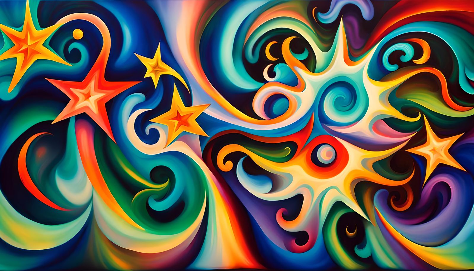 Iridescent Stars Connected in Plasma Maelstrom as Naive Art