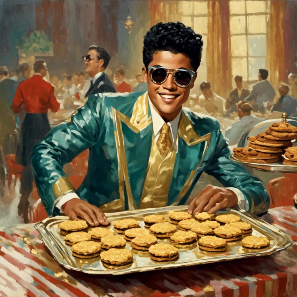 Bruno Mars Lookalike at 1950s Bake Sale Oil Painting