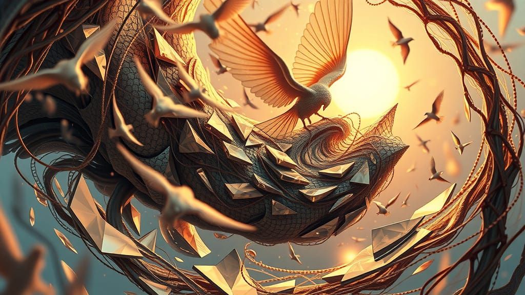 Dreamlike Creatures Entwine in Shattered Mirror Fragments