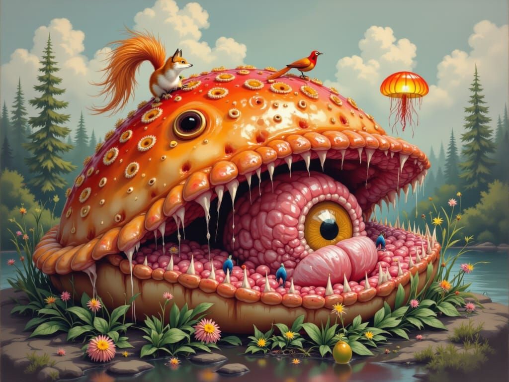 Surreal Homunculus with Jellyfish Fox and Peacock Features