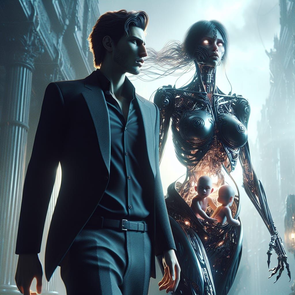 Woman and Husband in Gothic City, Photorealistic Style