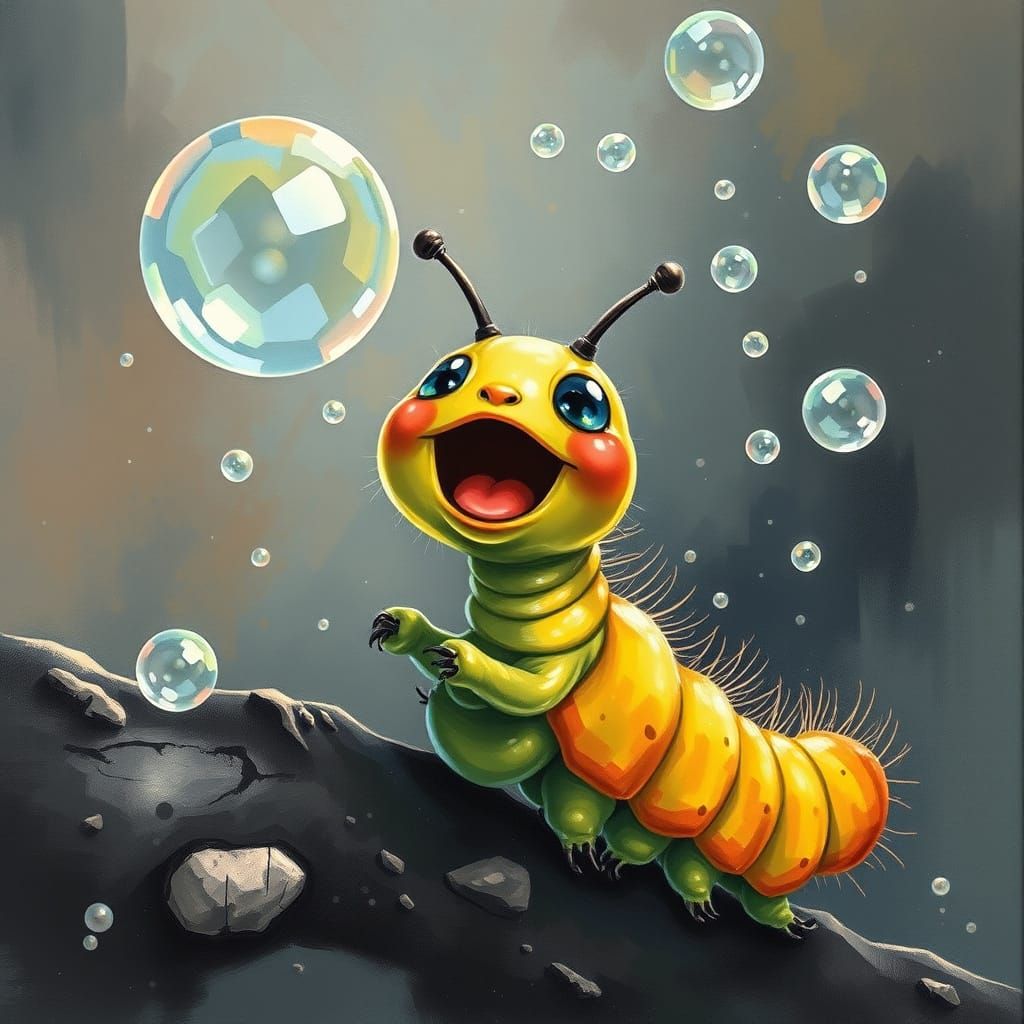 Caterpillar Playing with Bubbles in Vibrant Anime Style